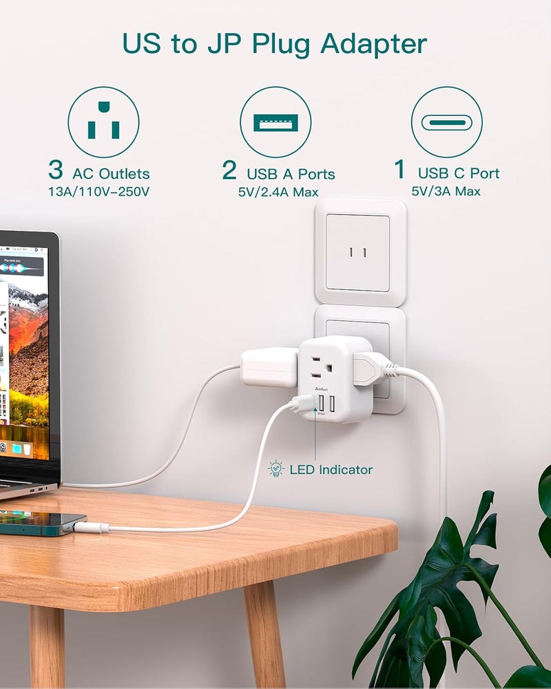 Addtam US to Japan Plug Adapter, 2 Prong to 3 Prong Outlet Adapter with 3 AC Outlets 3 USB Ports(1 USB C), Travel Power Plug Adaptor for USA to Japanese Canada Mexico Philippines Peru, Type A - Image 2